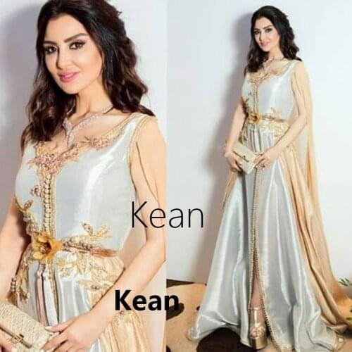 Simple Moroccan Kaftan Evening Dress With Long Jacket Golden Belt Silver Vestido de Renda Groom Mother Formal Party Dress