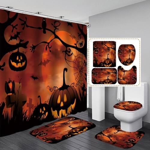 Halloween Pumpkin Spider Non-slip Bathroom Set Waterproof Shower Curtain + Pedestal Rug + Toilet Lid Cover + Bath Mat Set