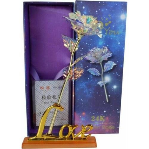 Romantic Galaxy Gold Foil Rose Artificial Forever Flowers with Love Base Stand Gift Valentines Birthdays Wedding Anniversary