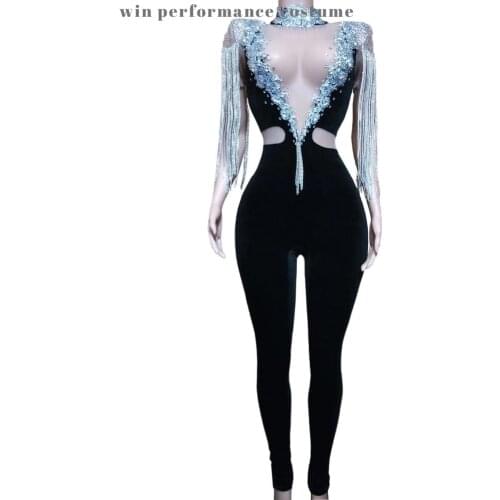 Sliver Embroidered Crystal Shiny Sequined Tassels See Through Nude Deep-V Neckline Jumpsuit for Prom Party Pole Dance