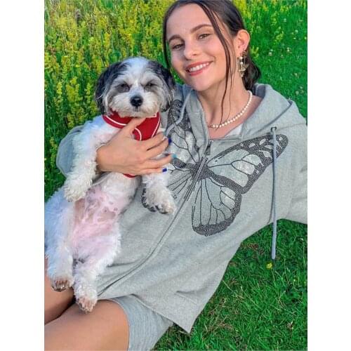 Y2K Fashion Oversized Butterfly Graphic Rhinestone Zip Up Hoodies E-girl 90s Streetwear Diamond Grey Long Jacket Autumn hoodie