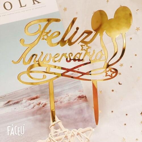 New Happy Anniversary Cake Topper Spanish Gold Feliz Aniversario Acrylic Cake Topper For Wedding Party Cake Decorations
