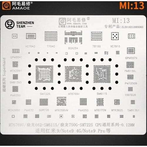 AMAOE Stencil MI:13 MI13 Redmi 9 Note9 4G SM6115 SM7225 MT6769V CPU Reballing Stencil IC WCN3991 PM6150L MT6177W SMB1351 PM7150B