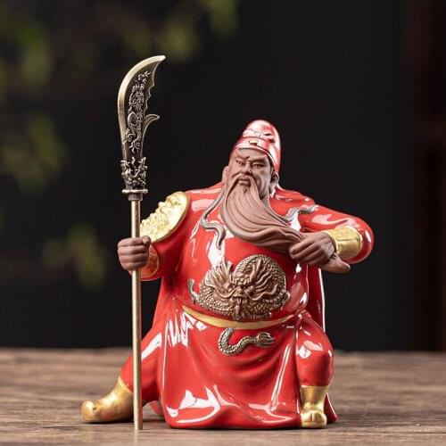 Tea Pet Ornaments Guan Gong The Lost Bladesman Meiji Wenwu The Lost Bladesman with Knife Purple Tea-Soaked Tea Pet Zen Decor