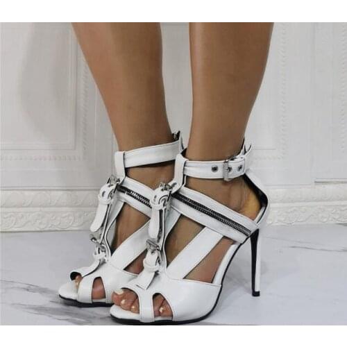 100% Real Photos Woman White Leather Peep Toe Zipper Chains Buckle Sandals Stiletto Heels Party Cuts Out Club Sandals Shoes