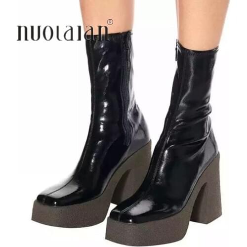 NEW 2020 autumn winter brand elastic leather shoes for women ankle boots sexy high heels balck brown female platform boots