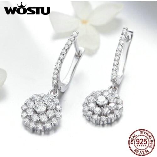 WOSTU Real 100% 925 Sterling Silver Classic Round Drop Earrings With Cubic Zirconia Women Luxury Earrings Jewelry Gift FIE517