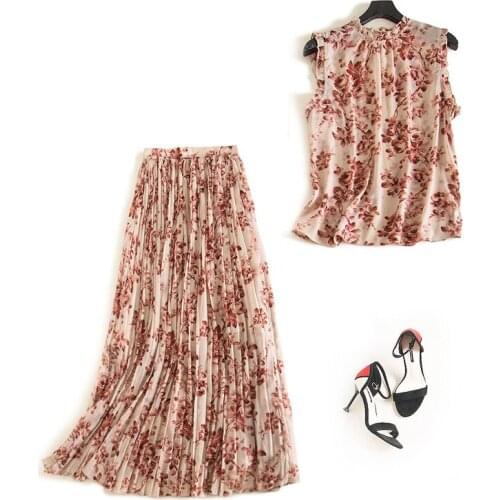 Woman 2 piece sets 2020 summer female chiffon floral print sleeveless ruched ruffles blouses + long pleated skirts sets JC298