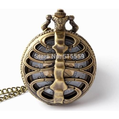 Retro Steampunk Bronze Spine Ribs Hollow Quartz Pocket Watch Necklace Pendant Women Gift Watches Wholesale