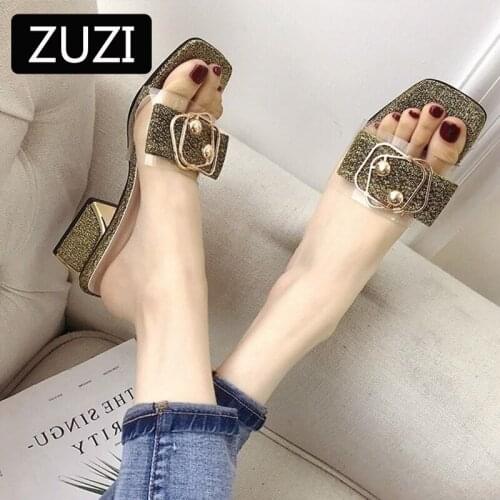 ZUZI Womens Slippers Female Summer 2021 New Wild Fashion Thick Heel Sandals and Slippers Transparent Mid-heel Shoes Trend