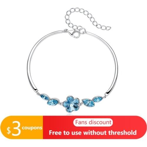 AGATA Hot Sale S925 Silver Creative Flower Bracelet with Inlaid Crystal Blue Bracelets Bangles Adjustable Size Women Jewelry