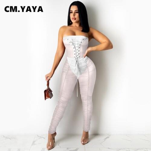 CM.YAYA Women Mesh See Though Lace Up Strapless Jumpsuit Beach Sexy Night Party Stacked Ruched Romper Summer Overalls