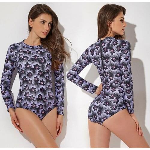 Womens Long Sleeve Rash Guard UV UPF 50+ Sun Protection Floral Printed Zipper Back Surfing One Piece Swimsuit Bathing Suit Surf