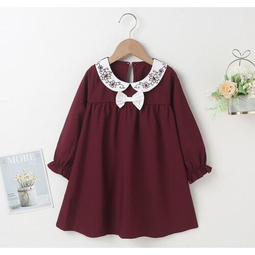 Winter 2021 Girls Dress Girls Long Sleeve O Neck Embroidery White Bow Claret Casual Cute Streetwear Dresses Vestidos 18M-6T