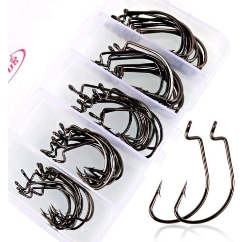 50Pcs/Set Barb Fish Hooks Superline Worm Hooks Jig Circle Fishing Hooks Soft Bait Texas Rig Wide Gap High Carbon Steel Hooks