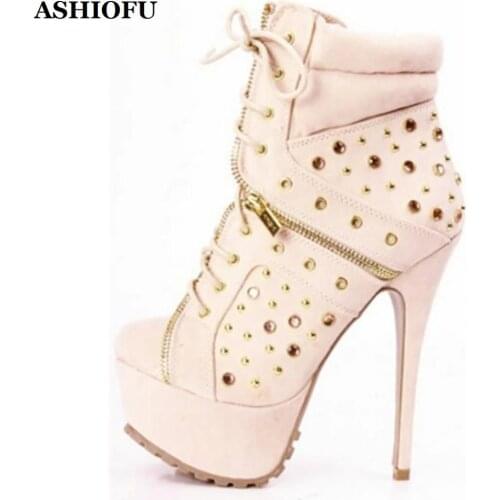 ASHIOFU Handmade Ladies High Heel Platform Boots Cross Shoelace Rivets Party Ankle Boots Club Daily Wear Fashion Short Boots