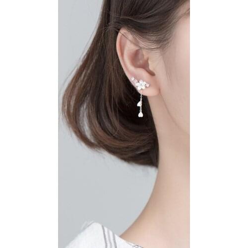 1Pair Authentic Real 100% 925 Sterling Silver fine Jewelry Golden Shell Flower &Zirconia CUFF Earrings tassel gtle2424