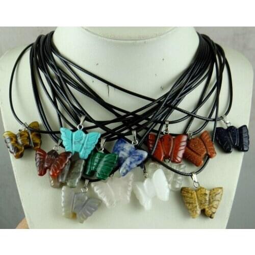 Natural Stone Crystal Quartz Opal tiger eye Hand carved butterfly Pendant Leather Chains Necklace Fashion Jewelry Free shipping