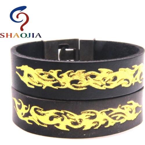 SHAOJIA Black&Brown Wide Leather Bangle Gold-color Dragon Pattern Genuine Leather Charm Bracelets Men Women Ethnic Style Jewelry