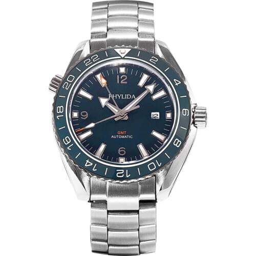 PHYLIDA Blue Male 3bar Gmt Double-Time Automatic Digital Sport Watch Waterproof Tribute Sapphire Crystal Blue Ceramic Bezel