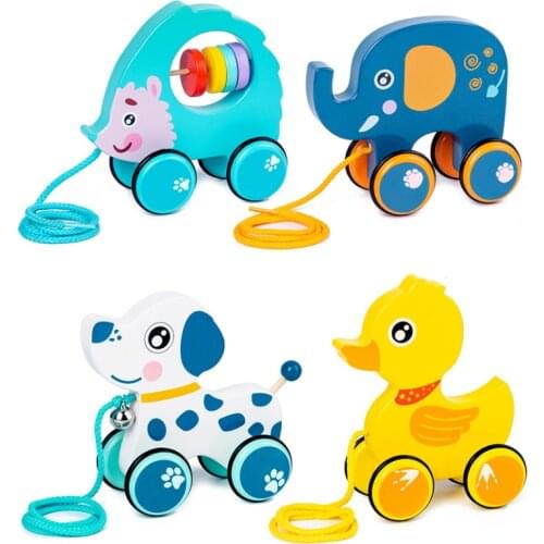 Wooden Cartoon Animal Drag Car Early Childhood Education Puzzle Hand Pull Rope Push-pull Walker Building Block Toy Car