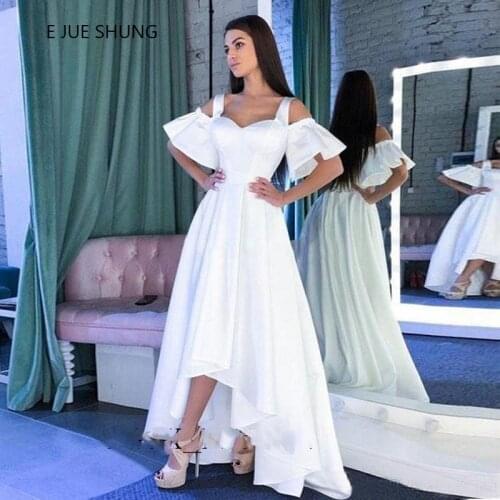E JUE SHUNG 2020 High-low Wedding Dresses Spaghetti Straps Short Sleeves Stain A-line Backless Bridal Gowns