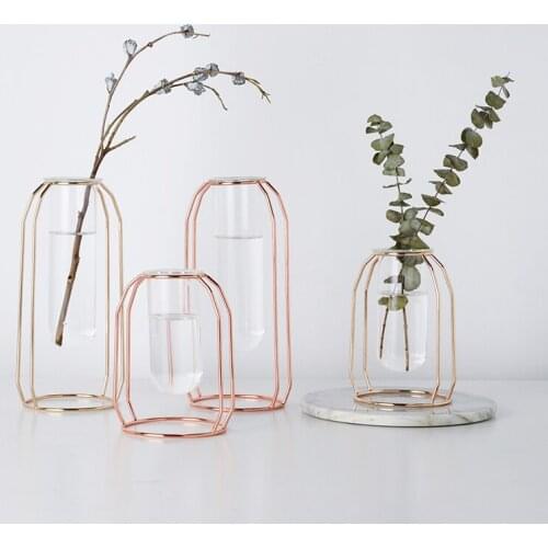European Creative Glass Vase Crafts Table Iron Transparent Flower Pot Terrarium Hydroponic Container Home Decoration Accessories