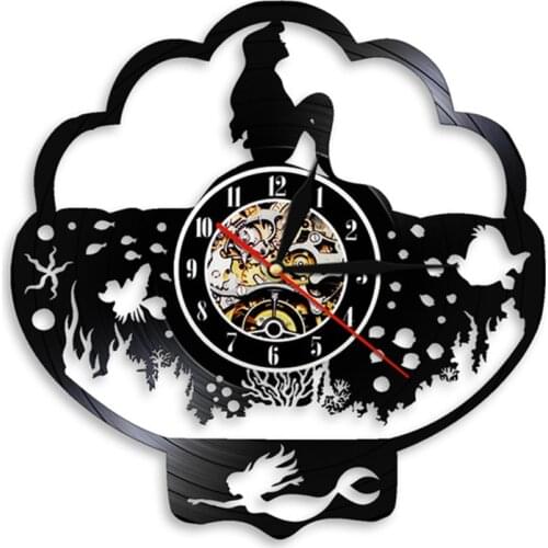 Fantasy Mermaid Ocean Vinyl LP Record Wall Clock Fairy Tale Decorative Wall Light Princess Ariel Children Gift Nursery Decor