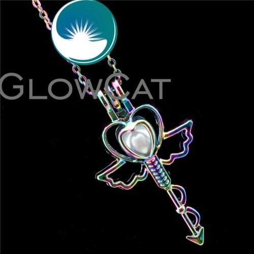 GLOWCAT R-C543 Rainbow Color Magic Wand Arrow Beads Cage Pendant Perfume Diffuser Aromatherapy Pearl Cage Locket Necklace