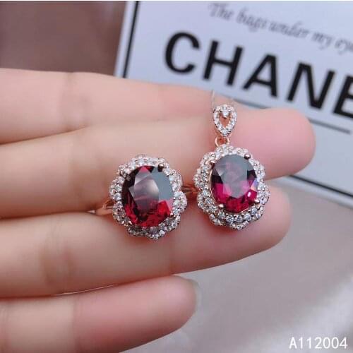 KJJEAXCMY Fine Jewelry 925 sterling silver inlaid natural garnet female ring pendant set fashion Support detection
