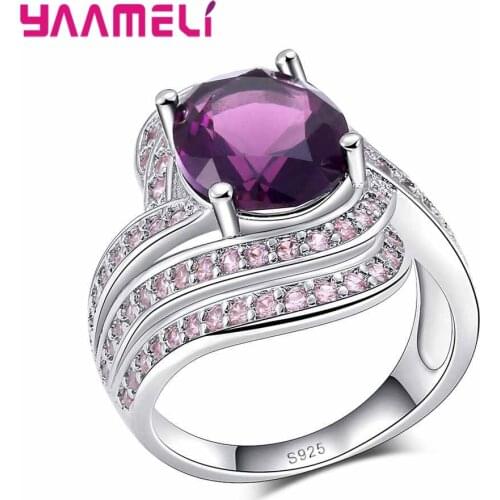 925 Sterling Silver Rings Vintage Style With Purple Crystal Exaggerated Female Wide Engagement Ring Women Girl Lady