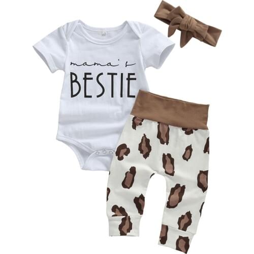 Summer Lovely Infant Baby Girls Boys Clothes Sets 3pcs Letter Print Short Sleeve Romper Tops+Leopard Pants Headband