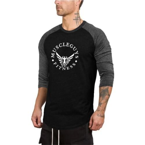 MACHINEFITNESS 3/4 Sleeve T-shirt Men Spring Autumn Casual Patchwork T Shirts Male Slim Fit Tops Fitness Raglan Tees Plus Size