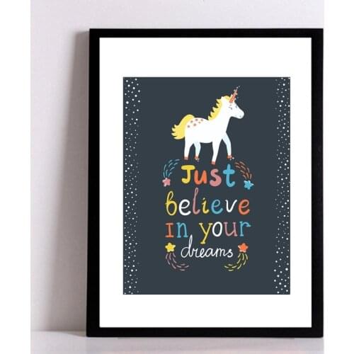 Cartoon Dream Inspiration Quote Prints Unicorn Wall Pictures Canvas Painting, Just Believe in your dreams Kids Room Art Decor