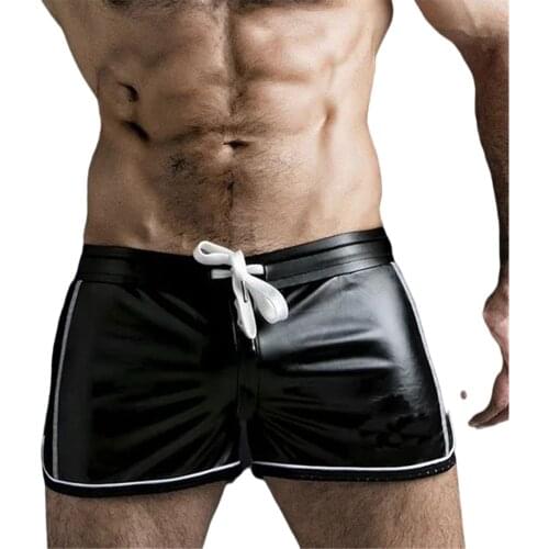 PU Faux Leather Mens Shorts Fashion Men Panties Night Club Boxer Shorts Man Underpants Sexy Motorcycle Trousers