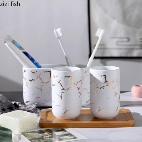 White Golden Marble Texture Bathroom Accessories Set Toothbrush Holder/mouthwash Cup/Wood Tray Brief Ceramic Bathroom Supplies
