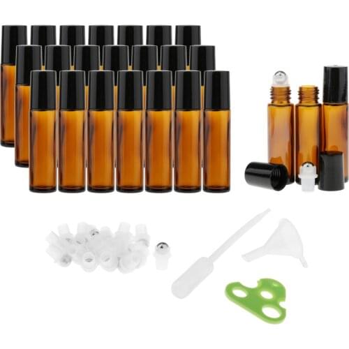 24Pcs 10ml Empty Glass Roll On Bottle Essential Oil Roller Bottles Opener Funnels for Essential Oil Perfume Liquid Refillable