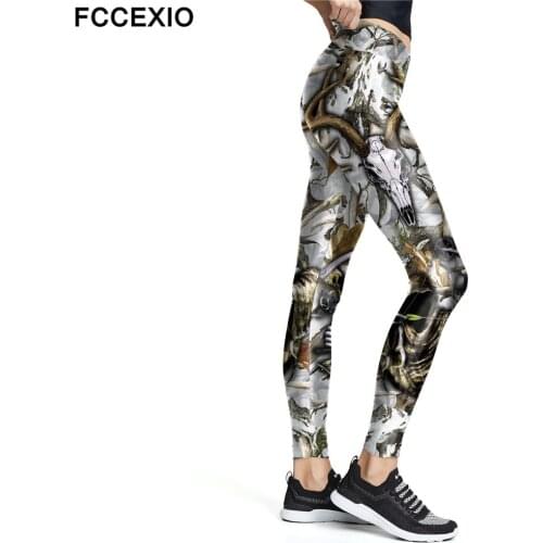 FCCEXIO New Hunting Style Leggings For Women High Waist Fitness Pants Slim Elastic Workout Leggins Vintage Plus Size Legin