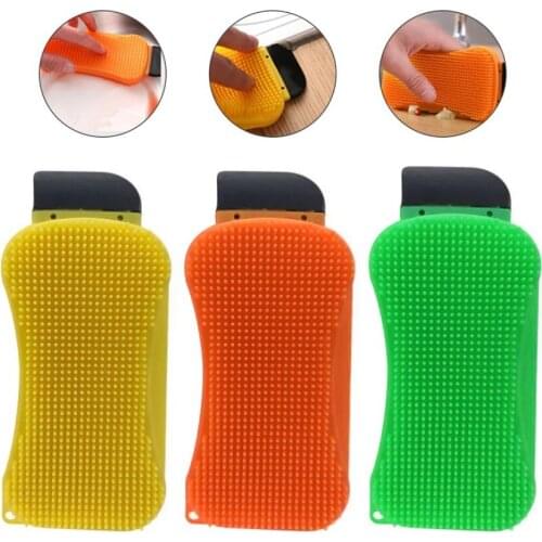New 3 in 1 Kitchen Cleaning Tool Sponge Brush Silicone Cleaning Brush Wash Pan Dish Bowl Sponge Scraper With Soap Dispenser