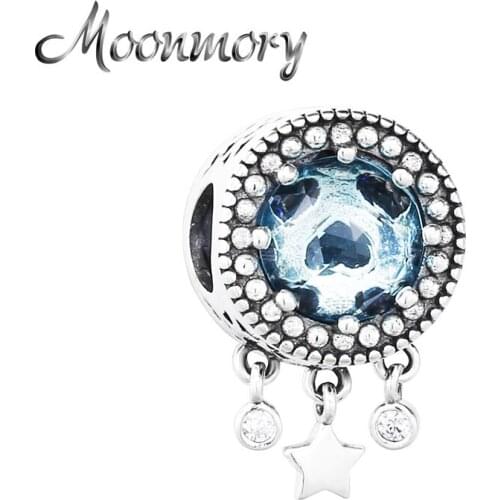 Moonmory 925 Sterling Silver Heart-shaped Water Blue For DIY Bracelet Hollow Star Pendant Original Charms Jewelry Christmas Gift