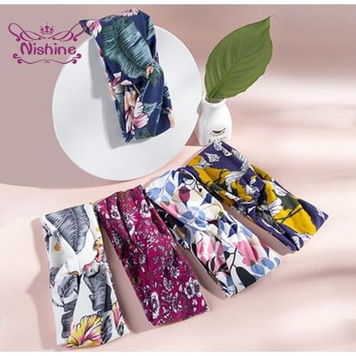 Nishine 1 PCS Vintage Flowers Pattern Women Elastic Headband Fashion Cross Knotted Print Hairband Girls Headwear Birthday Gifts