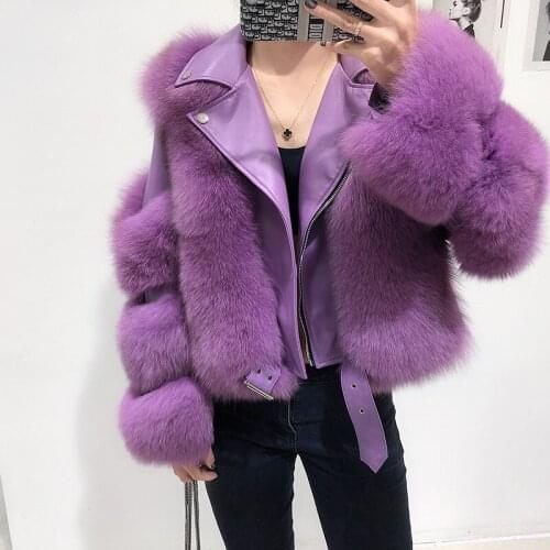 Hot Sale High Quality Thick Real Fox Fur Coat with Genuine Sheepskin Leather Long Sleeves Short Motor Biker Fox Fur Jacket