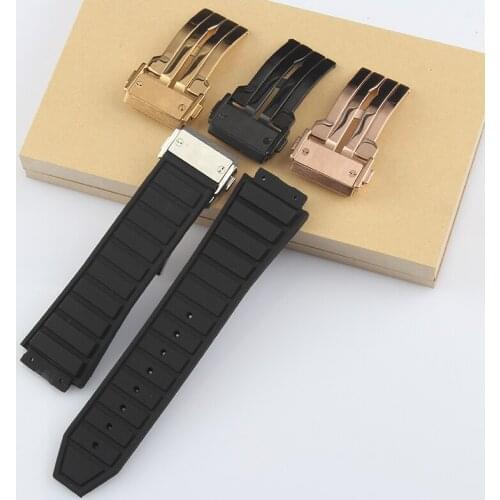 New Black 29*19mm Convex mouth Rubber Watchband For HUBLO t Big Ban g Watch Stainless Steel Deployment Clasp Watch Strap