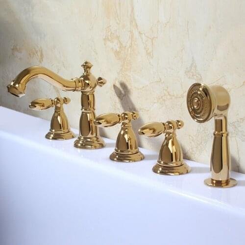 Luxurious Golden 5pcs Shower Bath Mixer Tap with Hand shower 2016 Wholesale New Promotion Solid Brass Bathtub Filler