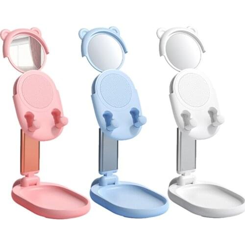 Y1AE Foldable Beauty Mirror Desktop Telescopic Tablet Phone Holder Desk Holder Mobile Phone Holder Blue/ White/Pink