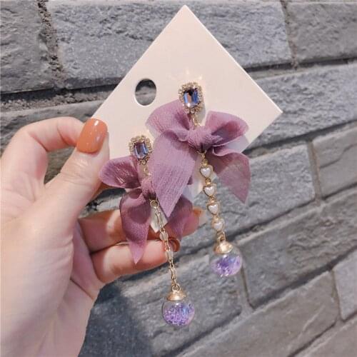 Korean Fashion Fabric Bow Drop Earrings for Women Rhinestone Crystal Glass Ball Tassel Dangle Earring Luxulry Jewelry