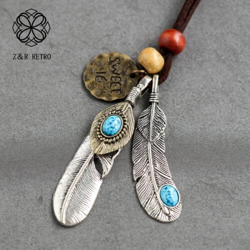 Feather Wood Beads Pendants Vintage Jewelry Women Necklaces Sweater Rope Chain Zinc Alloy Handmade Necklaces Long Party Presents