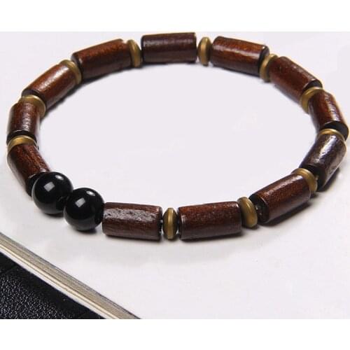 Vintage Wood Tube Bracelet Natural Stone Round Beads Charm Lava Stone Agates Male Bracelet Classic Unique For Men Jewelry Gift