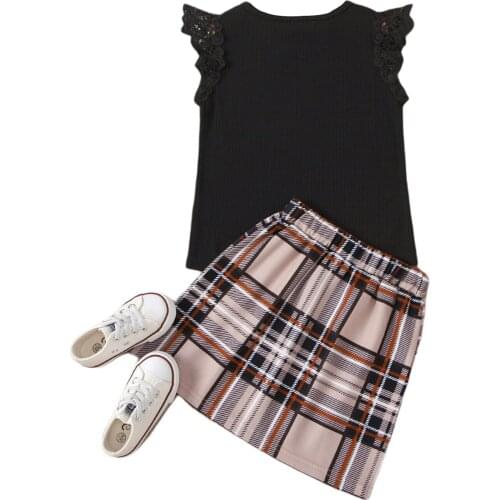 1-6Y Fashion Girl’s Skirt Two Pieces Suit Solid Color Fly Sleeve T-shirt and Plaid Split Short Skirt Costume Summer Clothing