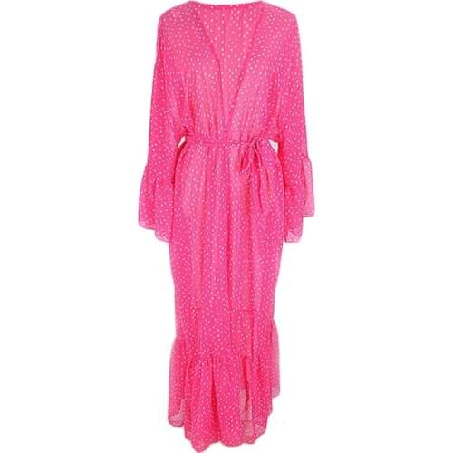 Women Bikini Swimsuit Cover Up Flare Sleeve Chiffon Belted Kimono Cardigan Polka Dot Ruffles Rose Red Maxi Beach Dress